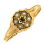A mid Victorian split pearl and green gem cluster ring,