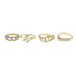 Four 9ct gold diamond dress rings.Estimated total diamond weight 0.10ct.