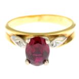 A synthetic ruby single-stone ring, with diamond shoulders.Stamped 18ct plat.
