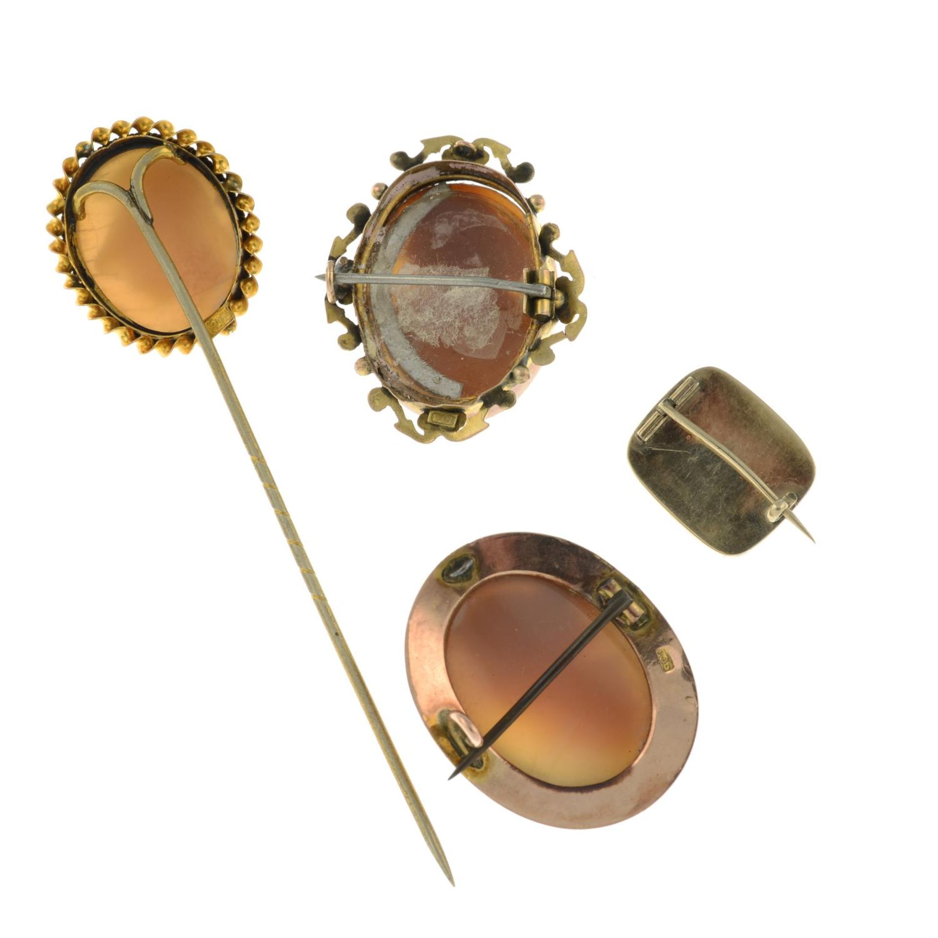 Three shell cameo brooches and a stickpin. - Image 2 of 2