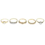 Five 9ct gold cubic zirconia dress rings.Hallmarks for 9ct gold.Ring sizes N1/2 to Q.