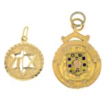 Enamel medallion pendant, partial hallmarks for 9ct gold, length 4.5cms, 7.7gms.