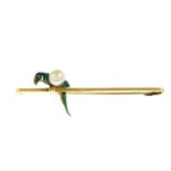 An early 20th century cultured pearl and enamel parrot bar brooch.Stamped 15CT.
