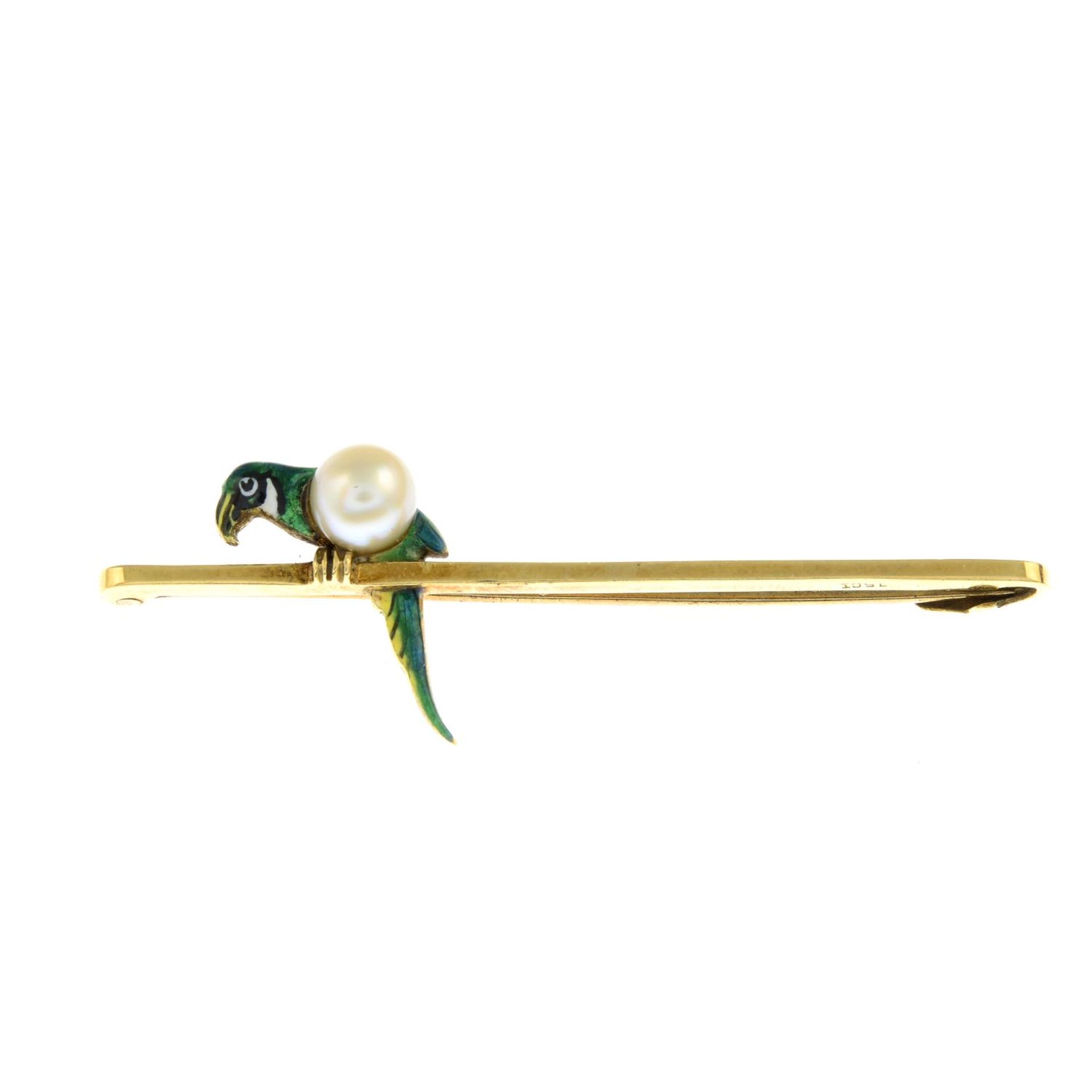 An early 20th century cultured pearl and enamel parrot bar brooch.Stamped 15CT.