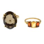 9ct gold vari-hue citrine three-stone ring, hallmark for Birmingham, ring size M, 2gms.