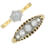 Early 20th century 18ct gold colourless gem five-stone ring,