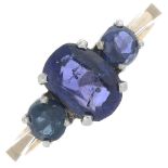 A sapphire three-stone ring.Ring size K.