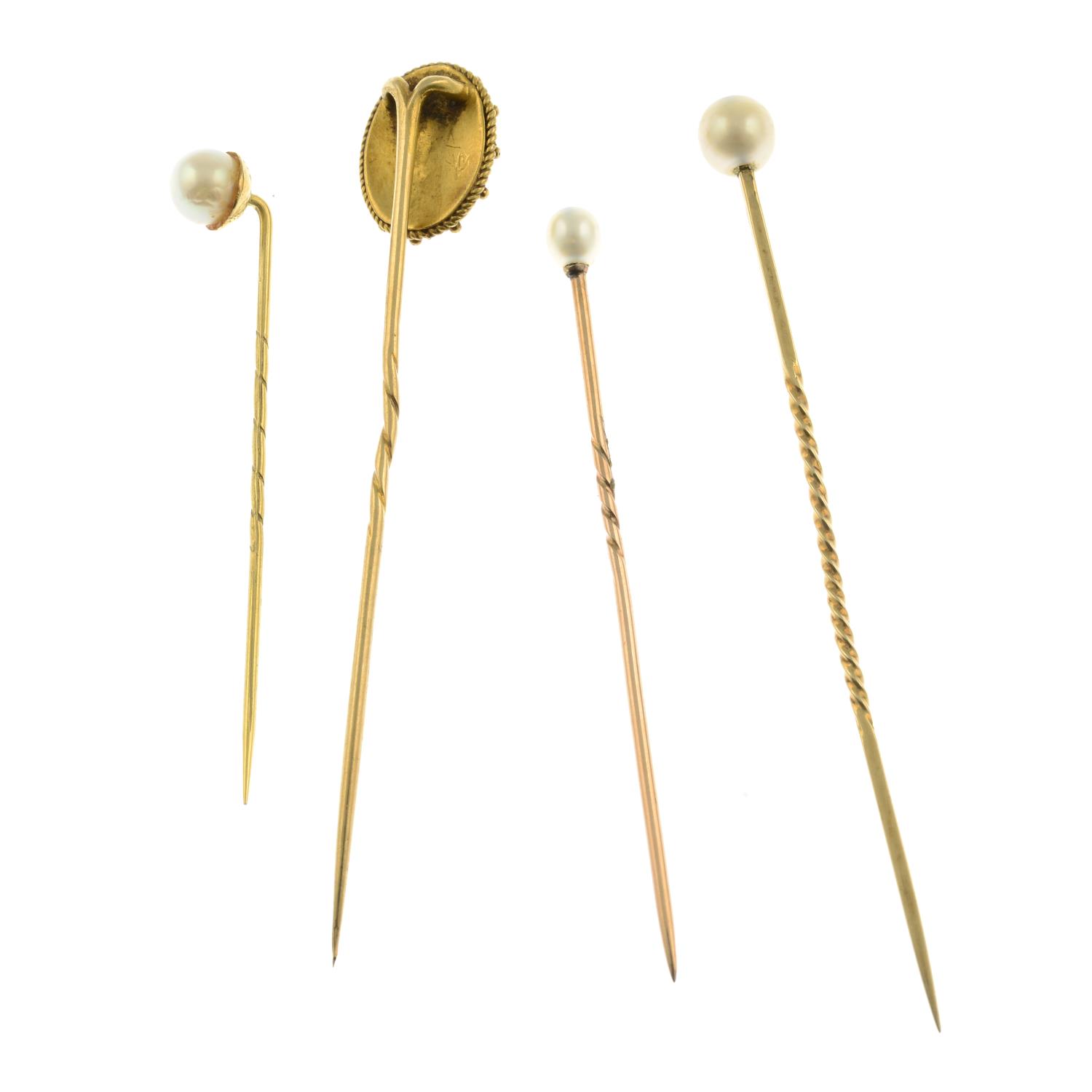 Three cultured pearl stickpins and a split pearl stickpin. - Image 3 of 3
