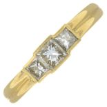 An 18ct gold square-shape diamond three-stone ring.Estimated total diamond weight 0.50ct,
