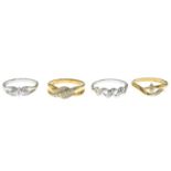 Four 9ct gold diamond dress rings.
