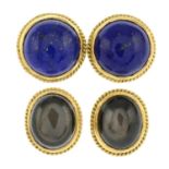 Lapis lazuli stud earrings, one butterfly back stamped 18C, diameter 1.5cms, 7gms.