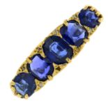 A sapphire five-stone ring, with rose-cut diamond spacers.Stamped 18.