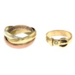 9ct gold tri-colour ring, hallmarks for 9ct gold, ring size Q, 7.5gms.