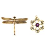 9ct gold dragonfly pendant, may be worn as a brooch, hallmarks for 9ct gold, length 5.6cms, 8gms.