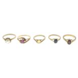 Five 9ct gold single-stone rings,