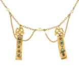 An early 20th century 15ct gold turquoise and cultured pearl necklace.