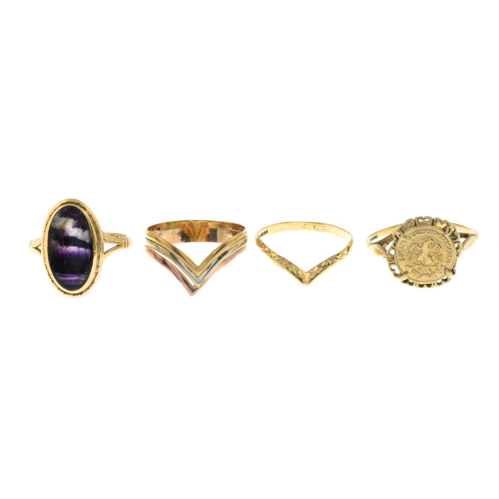 Five 9ct gold rings, to include a Blue John ring.Hallmarks for 9ct gold.