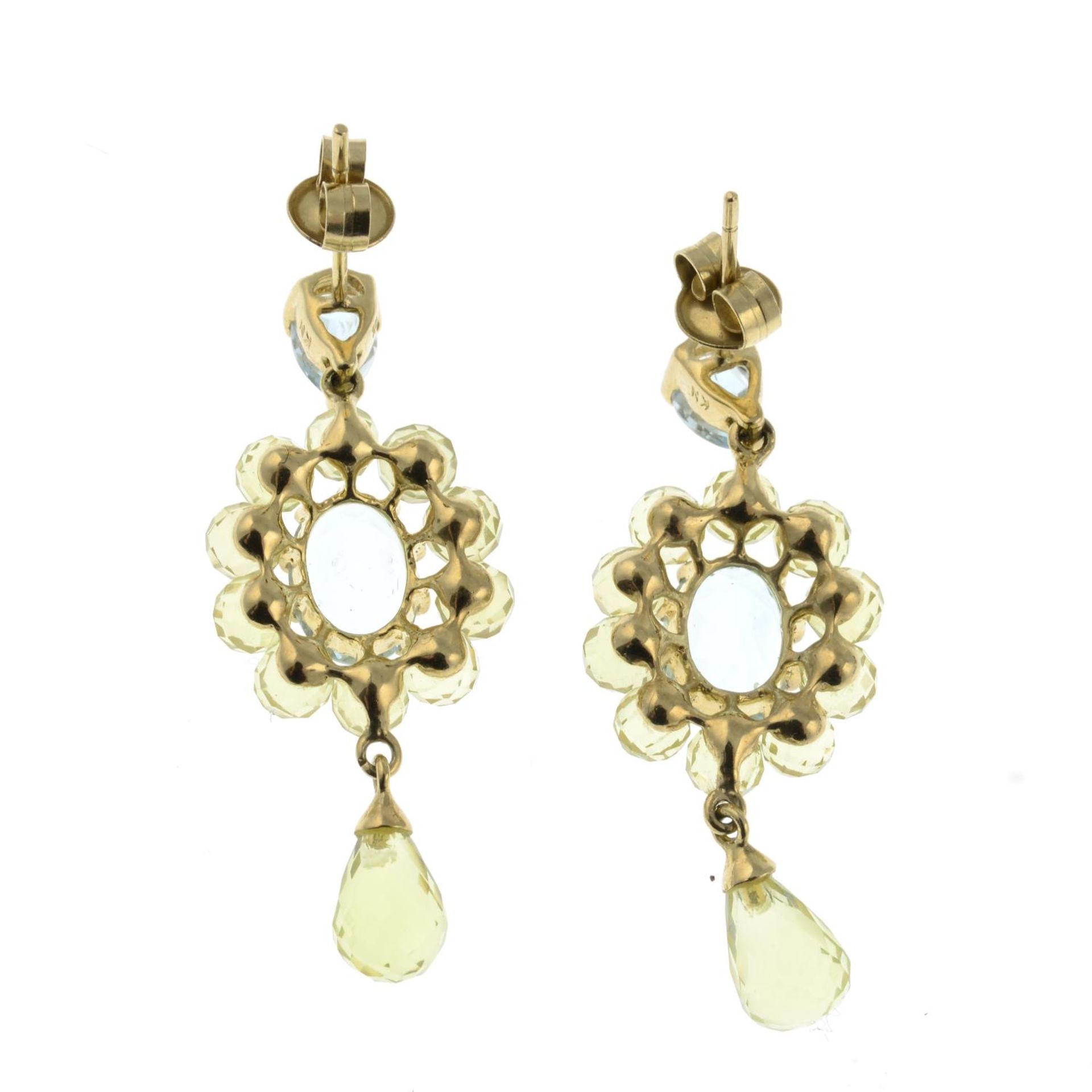 A pair of 9ct gold aquamarine and citrine drop earrings.Hallmarks for 9ct gold. - Image 2 of 2