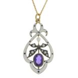 An amethyst, seed pearl and white enamel pendant, with chain.Chain stamped 375.