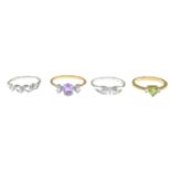 Four 9ct gold diamond and gem-set dress rings, to include and peridot and diamond ring.