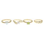 Four 9ct gold diamond and gem-set dress rings, to include and peridot and diamond ring.