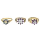 9ct gold ruby and diamond cluster ring, hallmarks for 9ct gold, ring size J1/2, 3.9gms.
