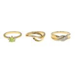 Three 9ct gold diamond and gem-set dress rings, to include and peridot and diamond ring.