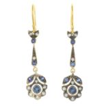 A pair of sapphire and diamond drop earrings.Estimated total diamond weight 0.10ct.