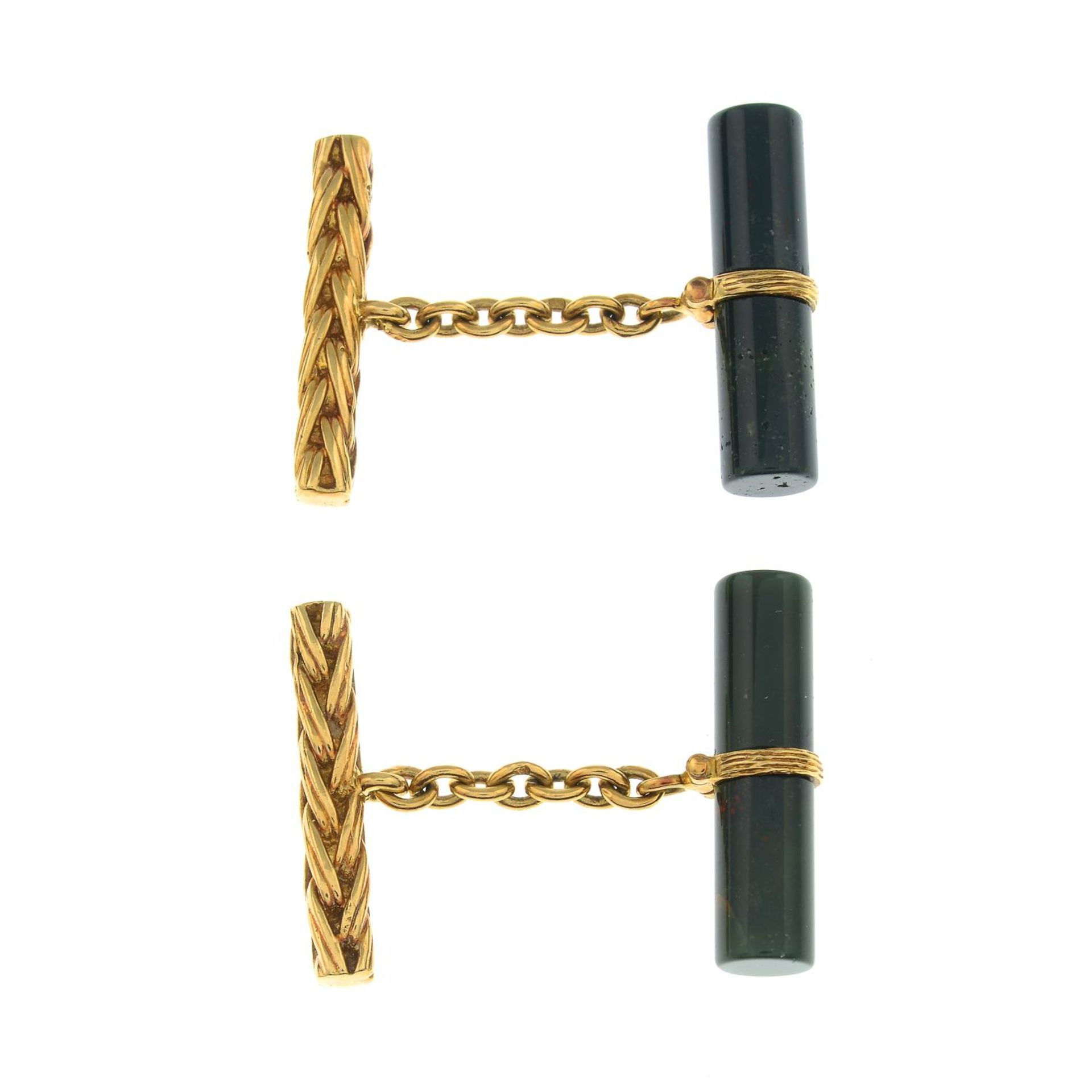 A pair of 18ct gold bloodstone cufflinks.Import marks for 18ct gold, partially indistinct.