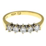 An 18ct gold brilliant-cut diamond five-stone ring.Estimated total diamond weight 0.50ct,