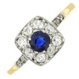 An early 20th century 18ct gold sapphire and old-cut diamond cluster ring.Estimated total diamond