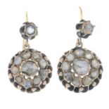 A pair of foil-back diamond cluster drop earrings.Length 3.1cms.