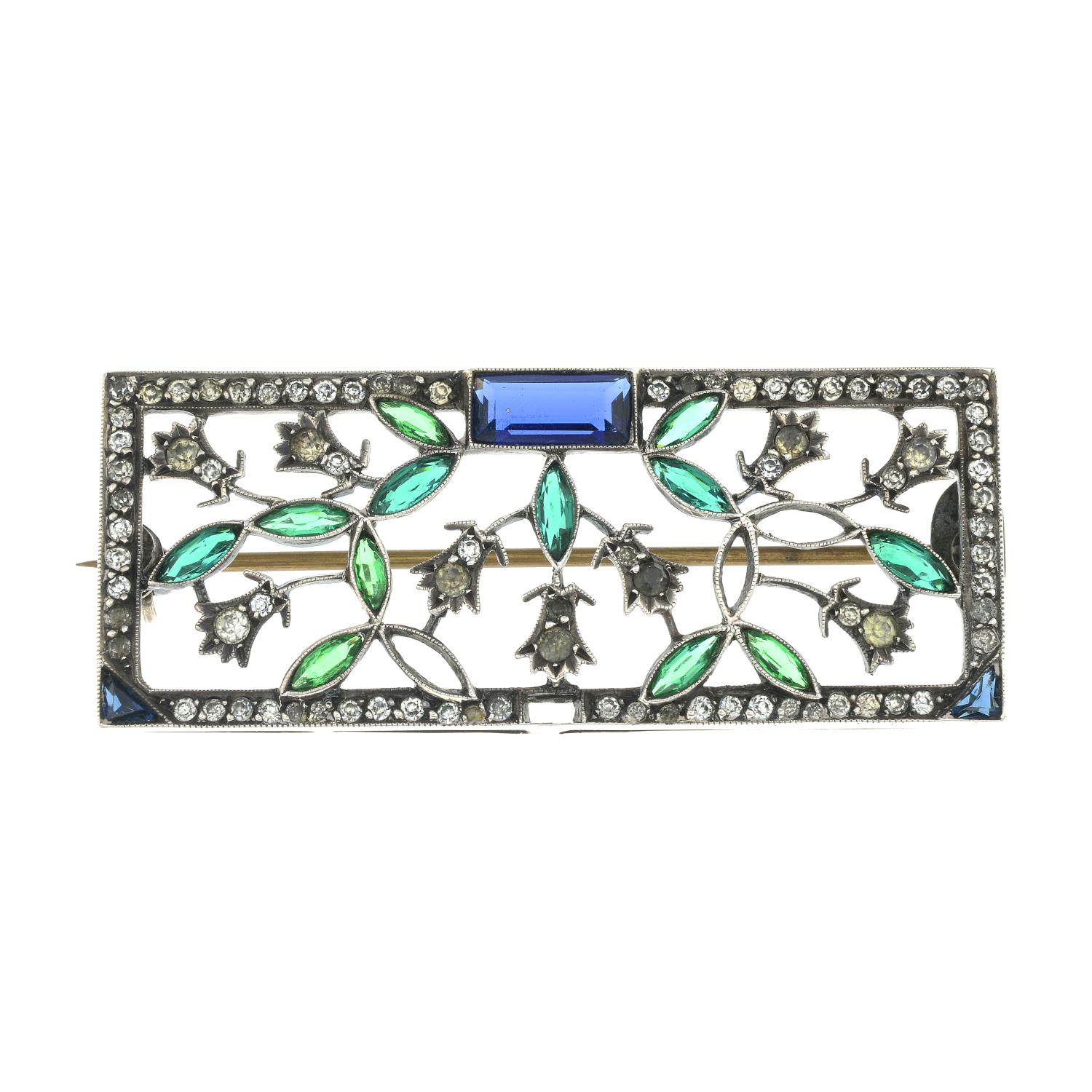 An early 20th century vari-hue paste openwork brooch.Stamped 925.