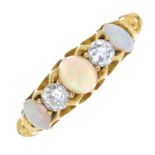 A mid Victorian 18ct gold opal an diamond five-stone ring.Estimated total diamond weight 0.20ct.