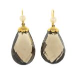 A pair of 9ct gold smoky quartz and cultured pearl drop earrings.Hallmarks for 9ct gold.