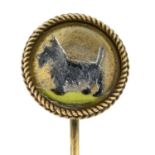 A late Victorian reverse carved intaglio stickpin, depicting a Scottish Terrier.