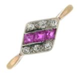An early 20th century diamond and pink sapphire dress ring.Ring size O.