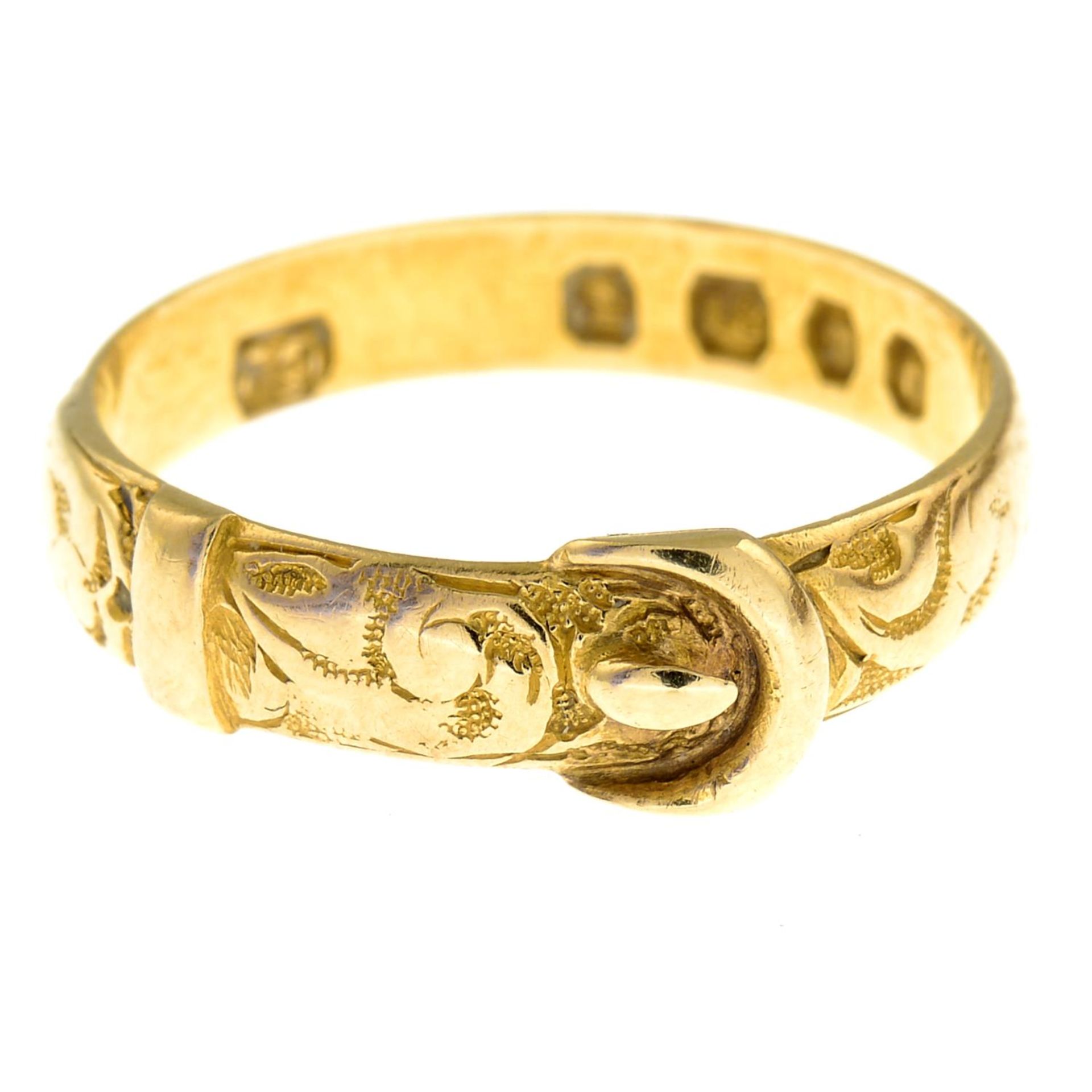 A mid Victorian 18ct gold buckle ring.Hallmarks for London, 1874.