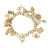 A 9ct gold charm bracelet, suspending fifteen charms.Most with hallmarks for 9ct gold.