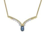 A 9ct gold sapphire and diamond necklace.Estimated total diamond weight 0.10ct.