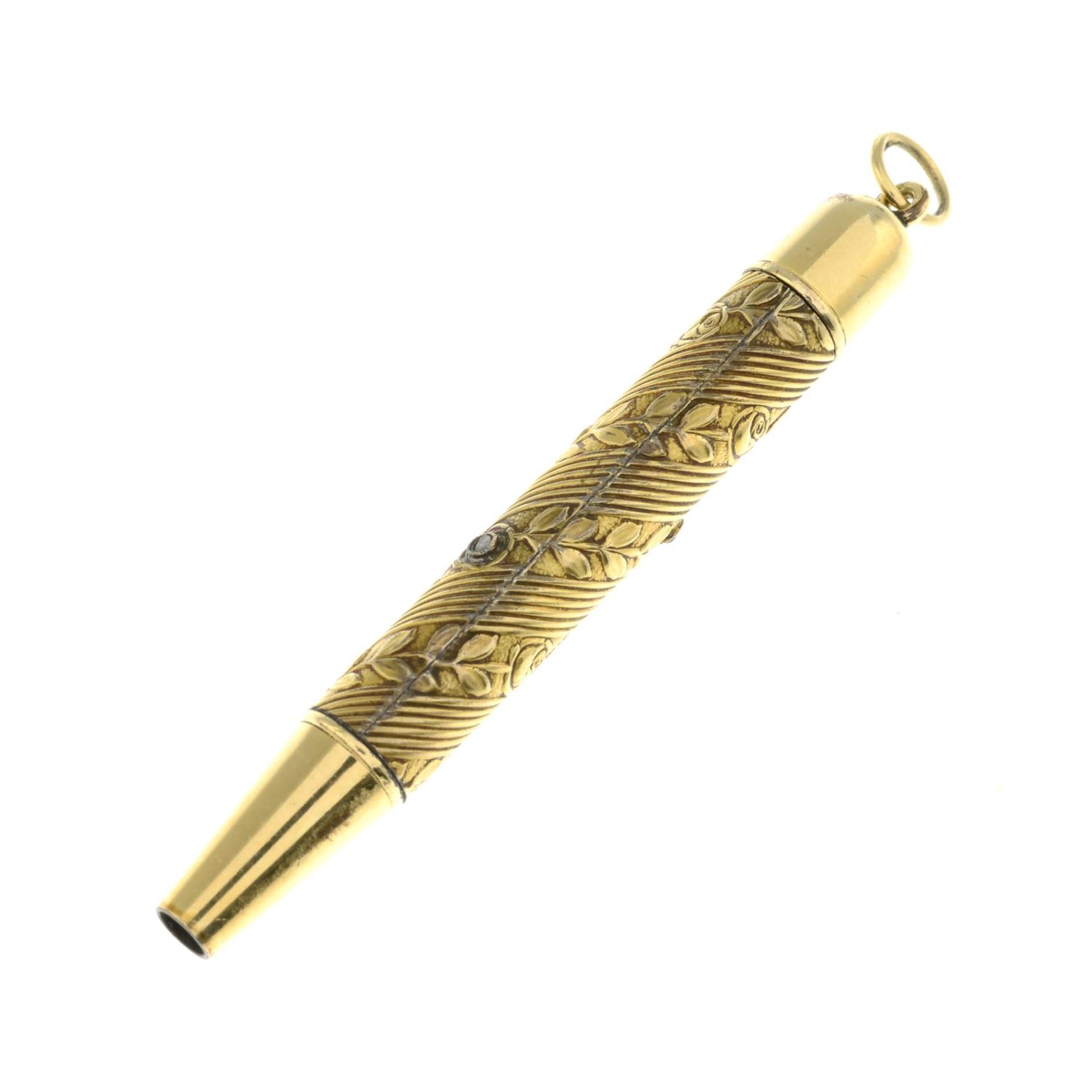 An early 20th century gold cased pencil with diamond and sapphire accents.Stamped 18Kt Rf. - Bild 2 aus 2