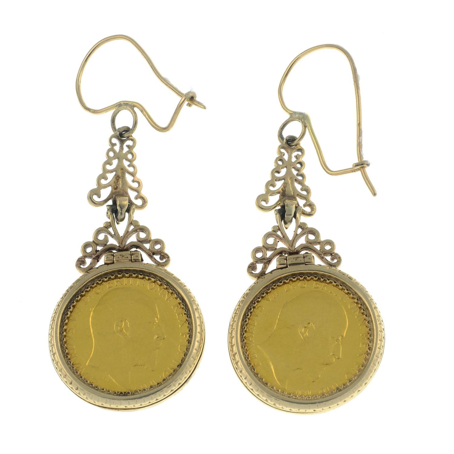 A pair of 9ct gold drop earrings, each with a half sovereign.Sovereigns dated 1906. - Bild 2 aus 2