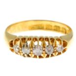 An Edwardian 18ct gold old-cut diamond five-stone ring.Estimated total diamond weight
