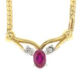 A 9ct gold synthetic ruby and diamond necklace.AF.