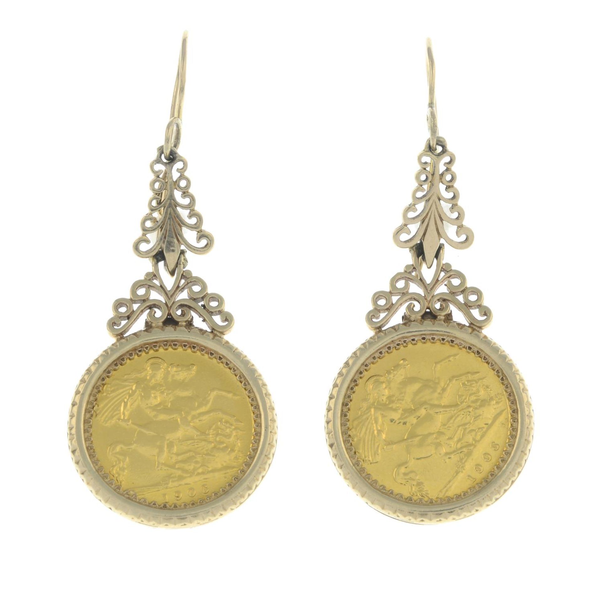 A pair of 9ct gold drop earrings, each with a half sovereign.Sovereigns dated 1906.