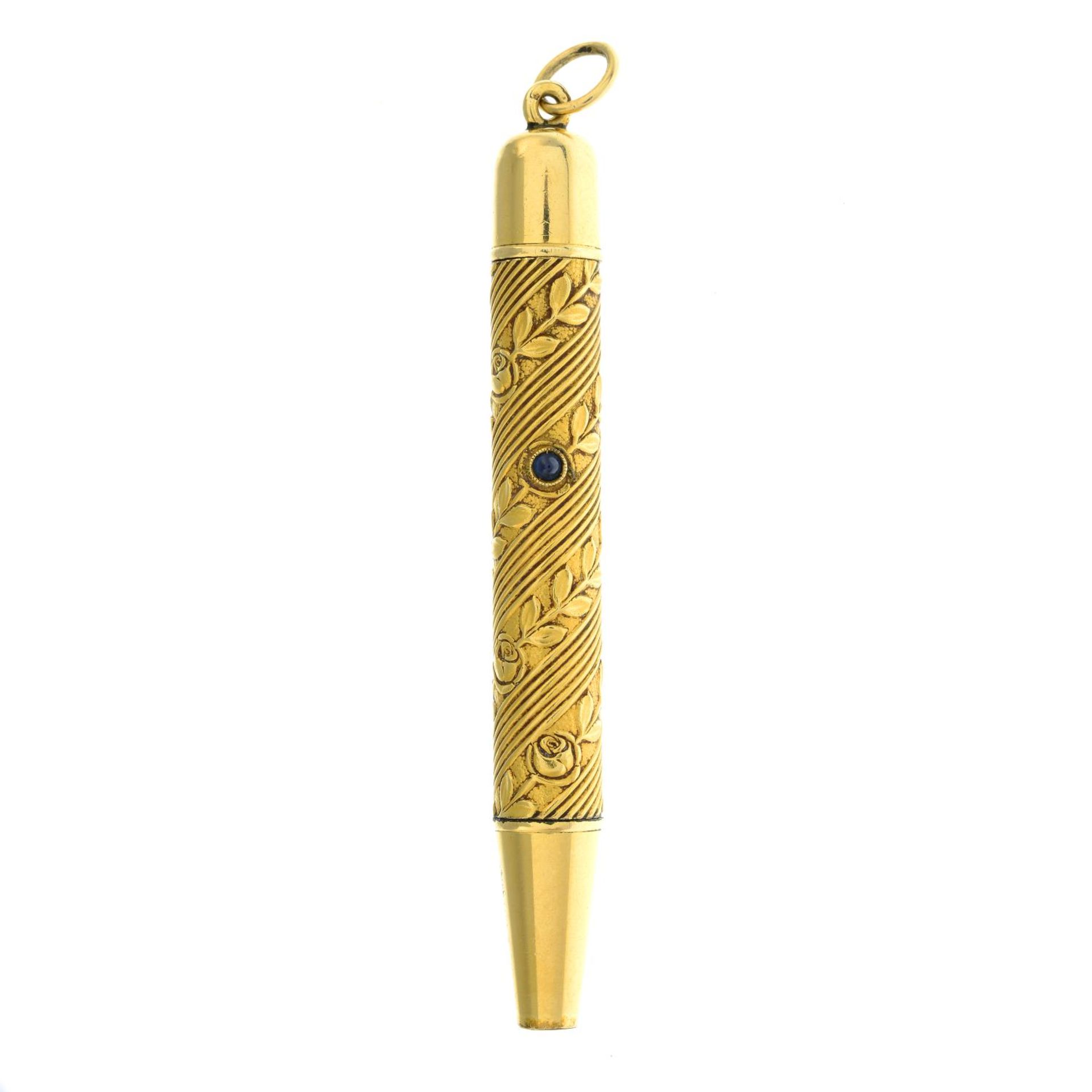 An early 20th century gold cased pencil with diamond and sapphire accents.Stamped 18Kt Rf.