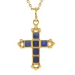 A sapphire cross pendant, with chain.Pendant stamped 750.