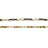 9ct gold sapphire bracelet, with diamond spacers, hallmarks for 9ct gold, length 19cms, 10.1gms.
