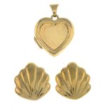 Four pairs of earrings and a locket pendant.Two with hallmarks for 9ct gold.