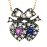A sapphire, ruby and diamond double heart pendant, on chain.
